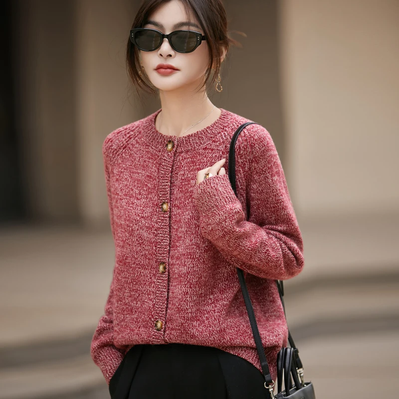 Long V-neck 100 Pure Wool Cardigan Women Dotted Jacquard Color Matching Sweater Coat Loose Cashmere Knit Top