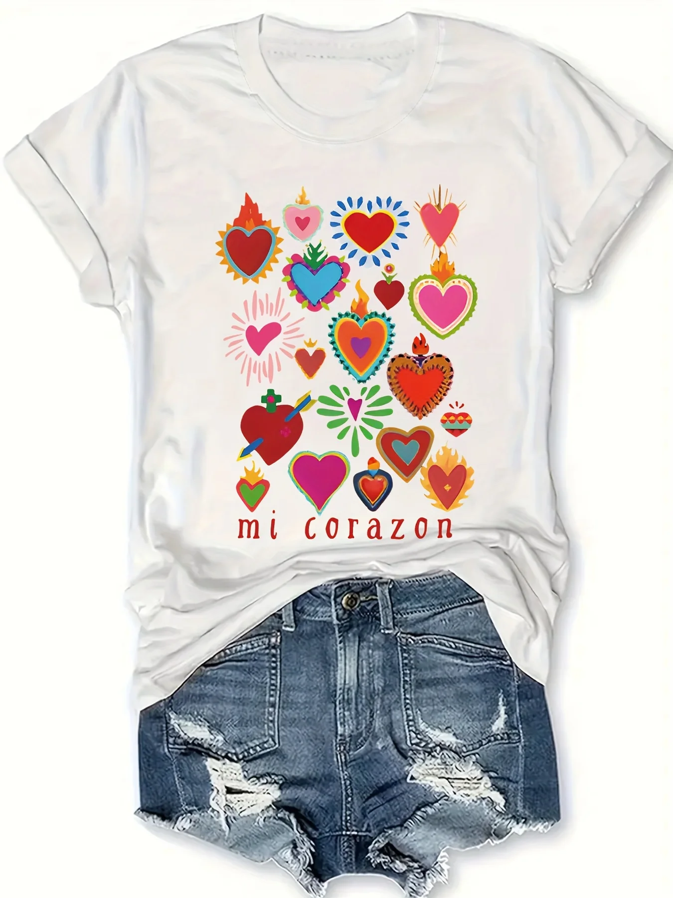 2025 New Women's Mi Corazon Latino Cultural Graphic T-Shirt - Vibrant Heart Print with Spanish-Inspired Patterns, Soft Crew