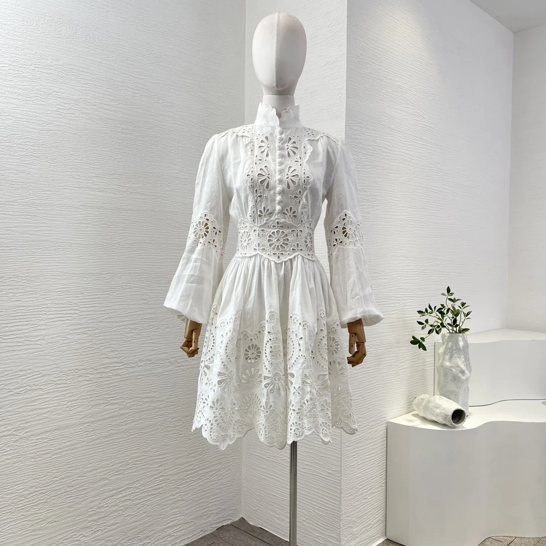 

2025 High Quality White Embroidery Hollow Out Long Sleeve Mini Dress for Women with Separate Camisole