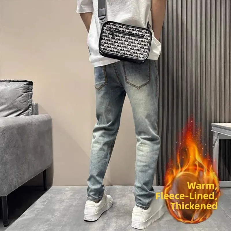 

Утепленные флисовые мужские джинсы: молодежные, приталенные, повседневные, зимние, теплые, стандартные прямые, свободные, модные, осенние, брендовые