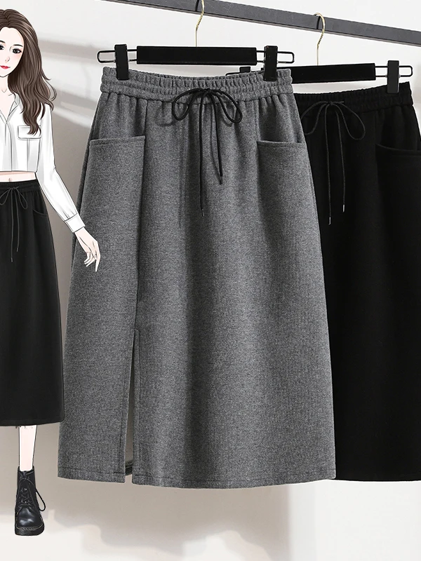 Women's Knitted Mid-Length Straight Tube Skirt Autumn Winter Woolen Open-Crotch plus Size Skirts Slimming A-Line Skirts