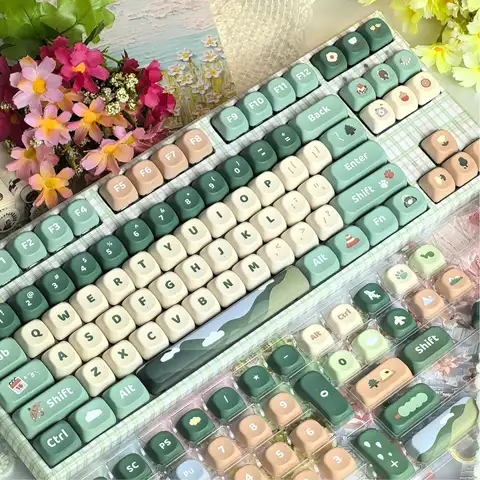 Cute Green Keycap 124Keys Go Hiking Theme Thermal Sublimation PBT Keycaps for Mechanical Keyboard MOA Height Small Fresh Key Cap