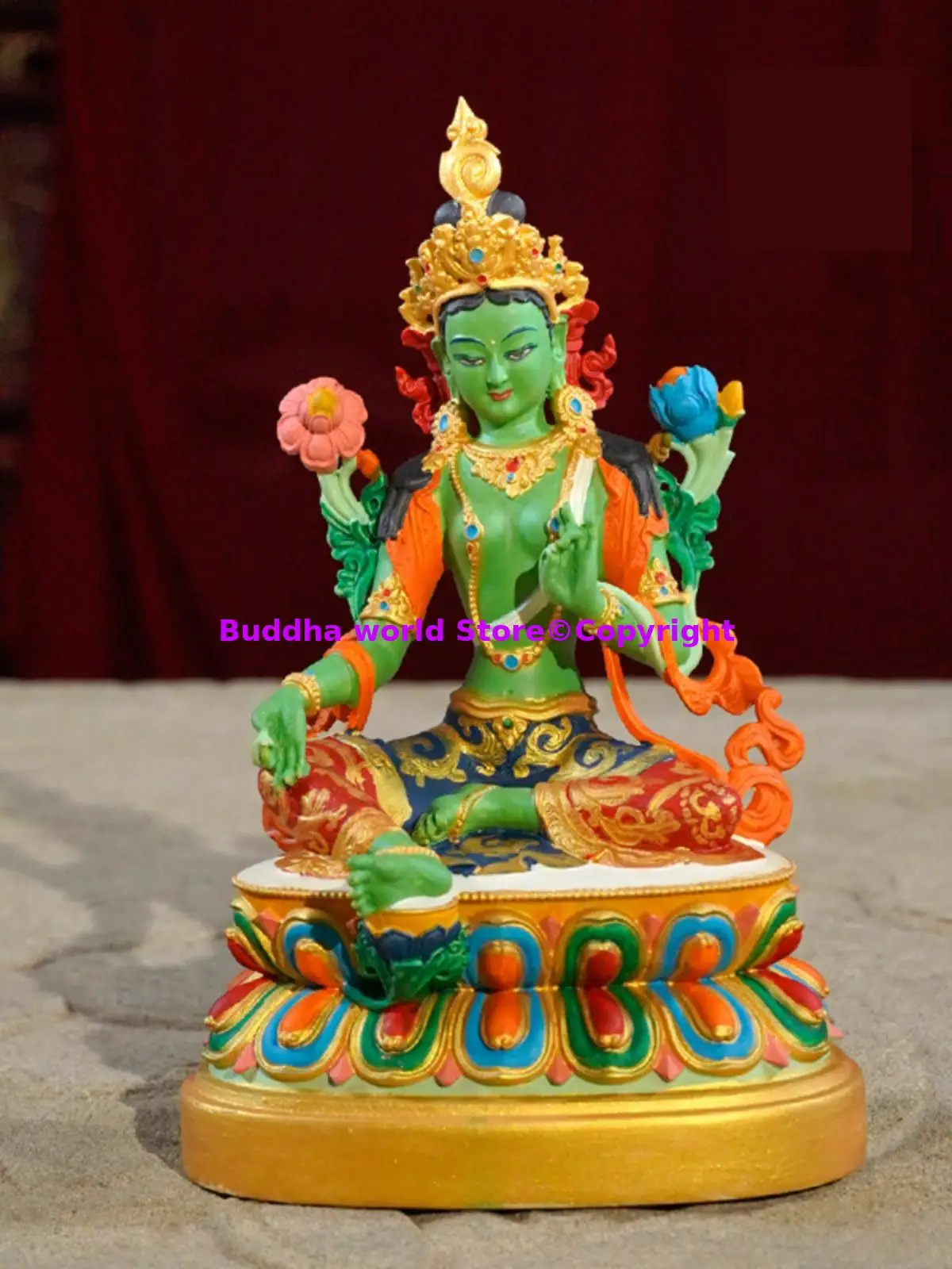 intangible heritage 100% Handmade wood carved Buddha statue color painted figure of the Buddha green tara Bodhisattva 15cm