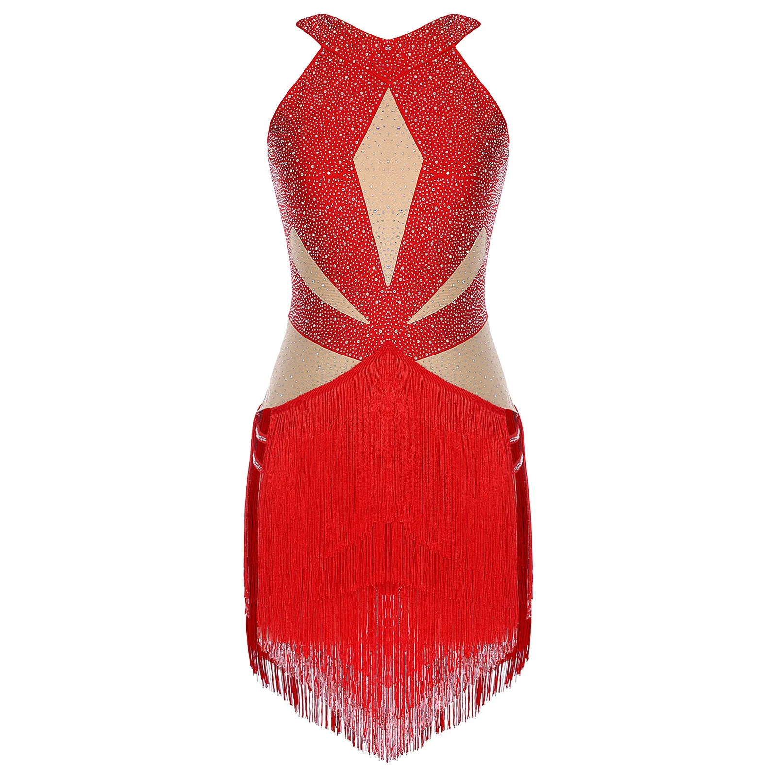 Womens Latin Tango Dance Leotard Rhinestones Backless Tiered Tassel Contrast Color Bodysuit Jumpsuit for Chacha Rumba Samba
