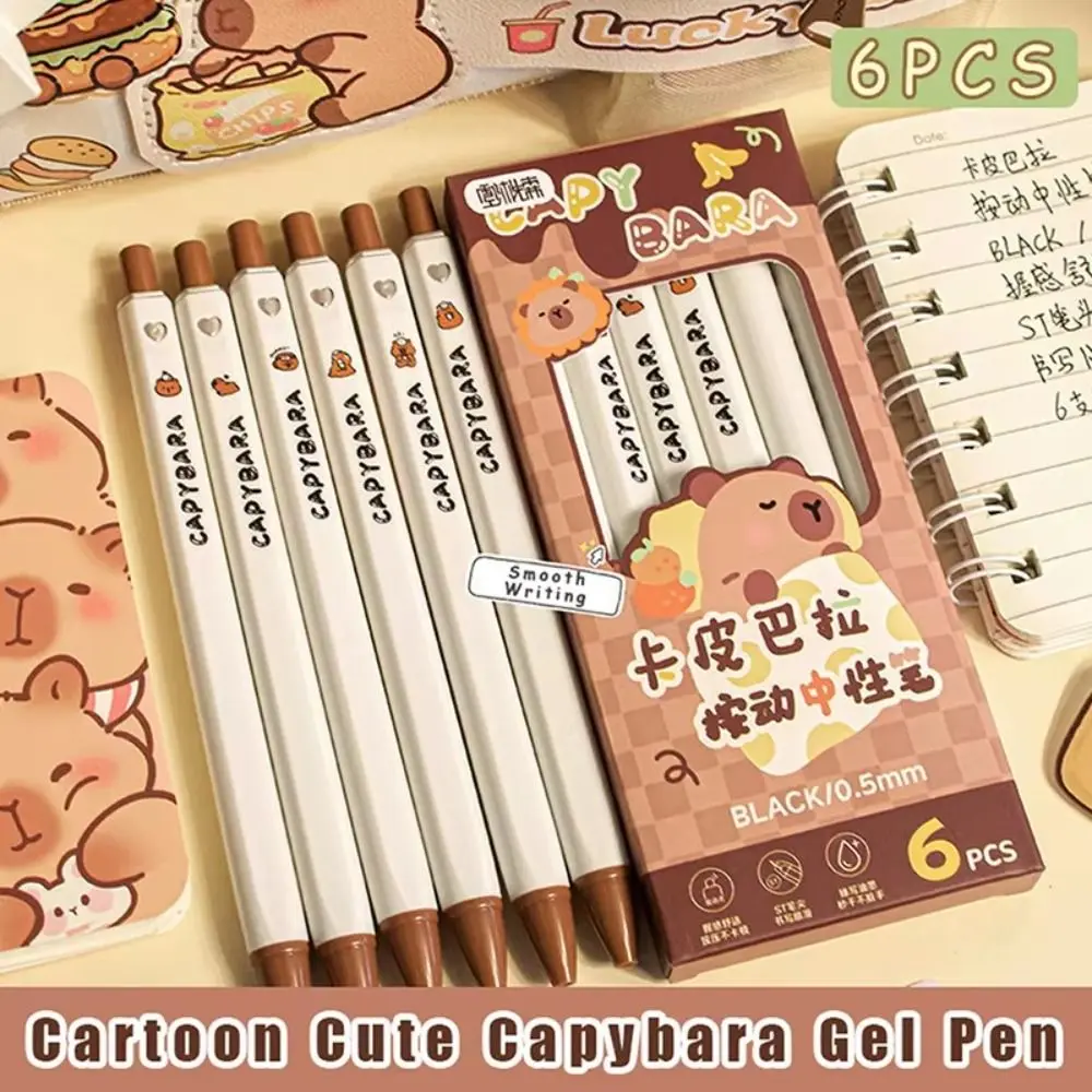 6PCS Aesthetic Capybara Panda Gel Pen Black Ink Good Looking 0.5mm Square Gel Pen Writing Signature Pressing Neutral Pen Student