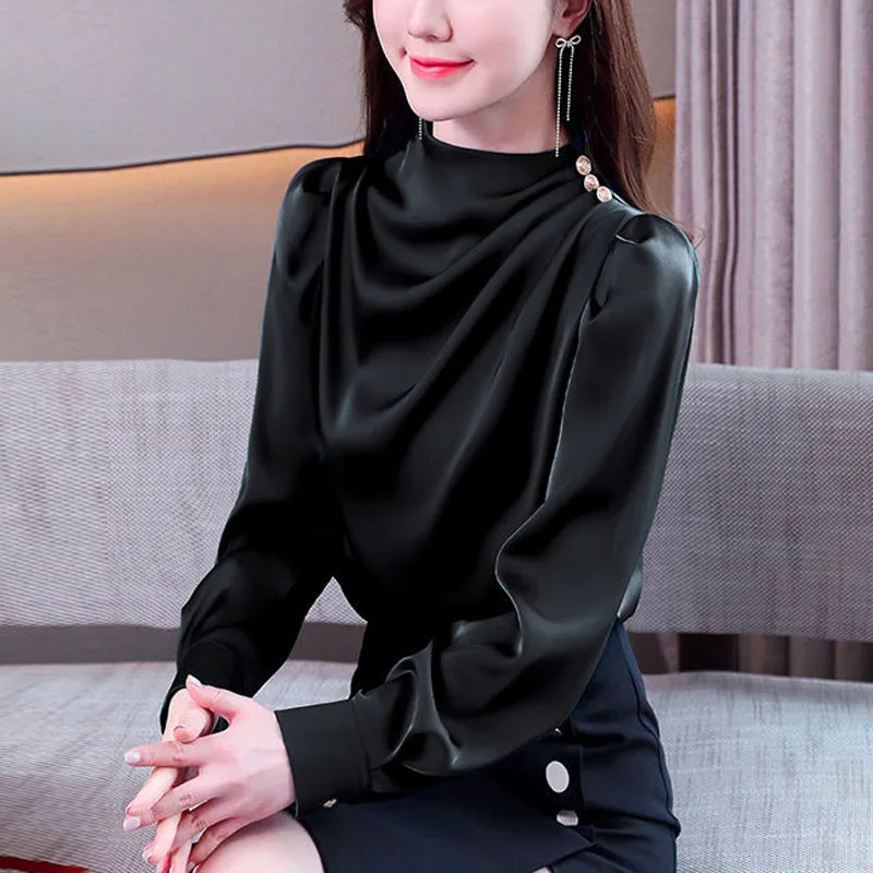 2023 New Autumn Fashion Simple Standing Neck Satin Button Long Sleeve Temperament Commuter Women\'s Slim Fit Unique Casual Shirt