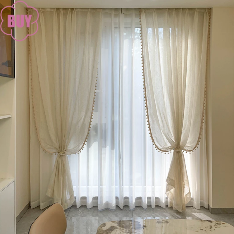 

Japanese Log Style Cream Screen Curtain Light Opaque Semi-shading Cotton Double Gauze Curtains for Living Dining Room Bedroom