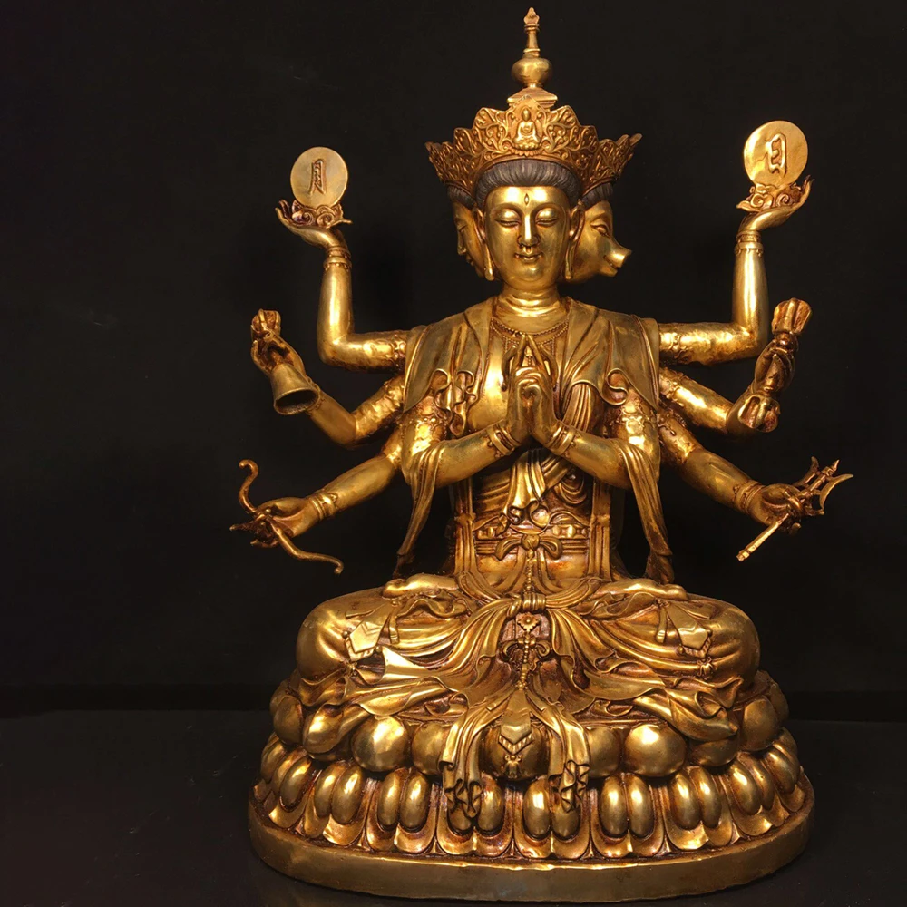 Handmade Pure Brass Gold Plated 8-Armed Doumu Yuanjun Statue Home Altar Desktop Vintage Ornament Gift