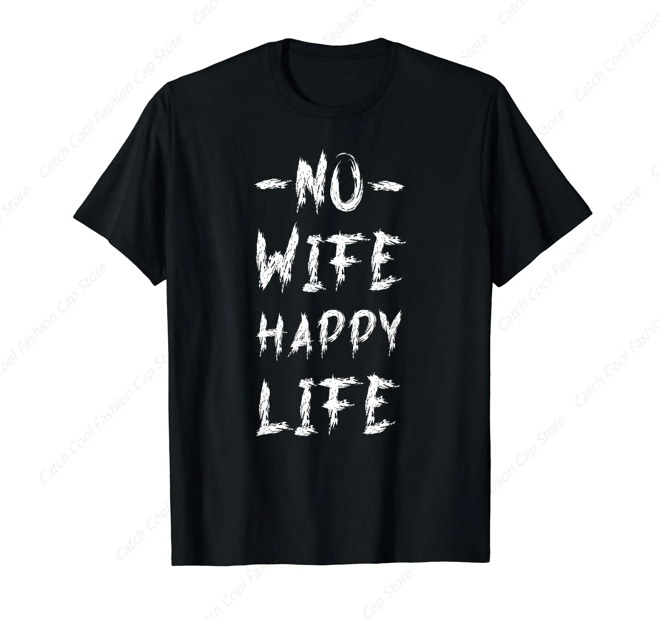 No Wife Happy Life T-Shirt for Men Clothing Tops Tee Vintage 100% Cotton Short Sleeve Summer Gift for Friends Sports Daily