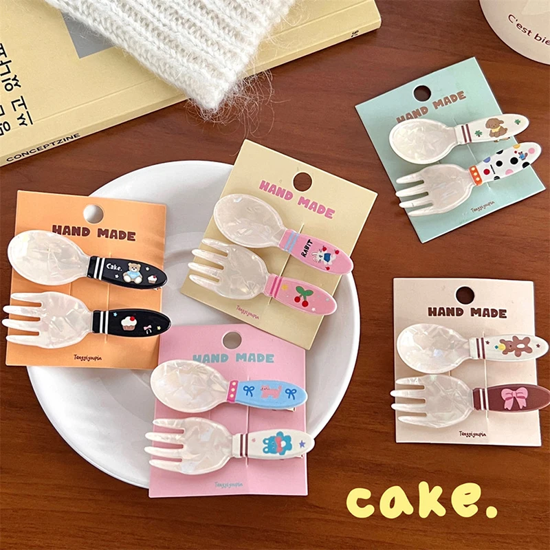 2Pcs/set Fashion Acrylic Spoon Fork Cake Hairpin Creative Cute Duckbill Clip Bangs Clip For Women Girl Kawaii Hair Accessories