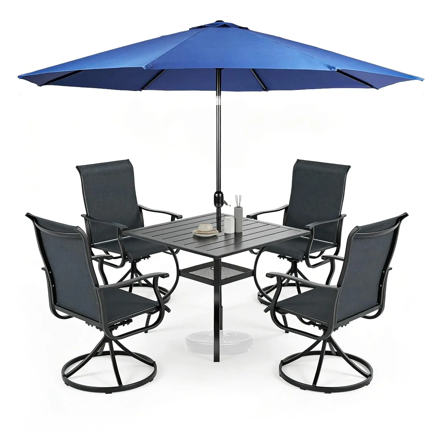 #6pc Outdoor Dining Set 4 Swivel Textilene Chairs Square Metal Table 9Ft Umbrella Patio Deck Garden, Customized