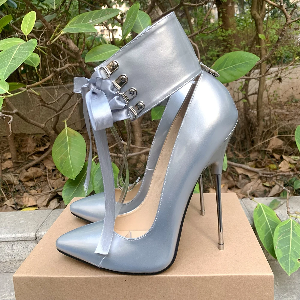 16cm Riband Ankle Strap Pumps Extreme High Heels Lace Up Bow Fetish Silver Drag Queen Cross Dresser Unisex Shoes Plus Size35-46