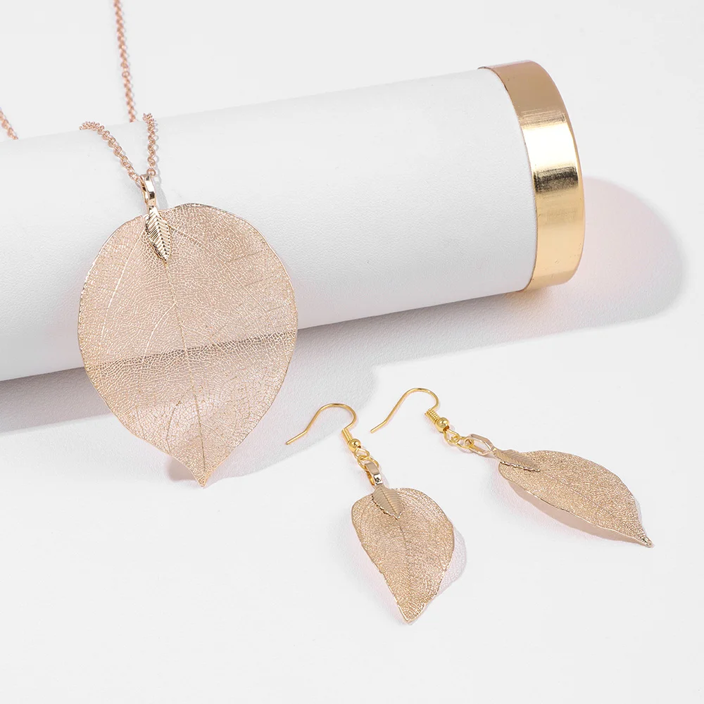 Women's Electroplated Gold Leaves Necklace & Drop Earrings Set