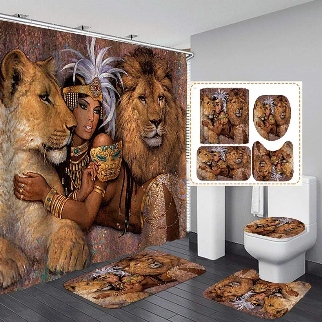 Fashion Lion African Woman Shower Curtain Polyester Fabric Bath Curtain Bathroom Curtains Decor Rug Bath Mat Afro Girl Egyptian