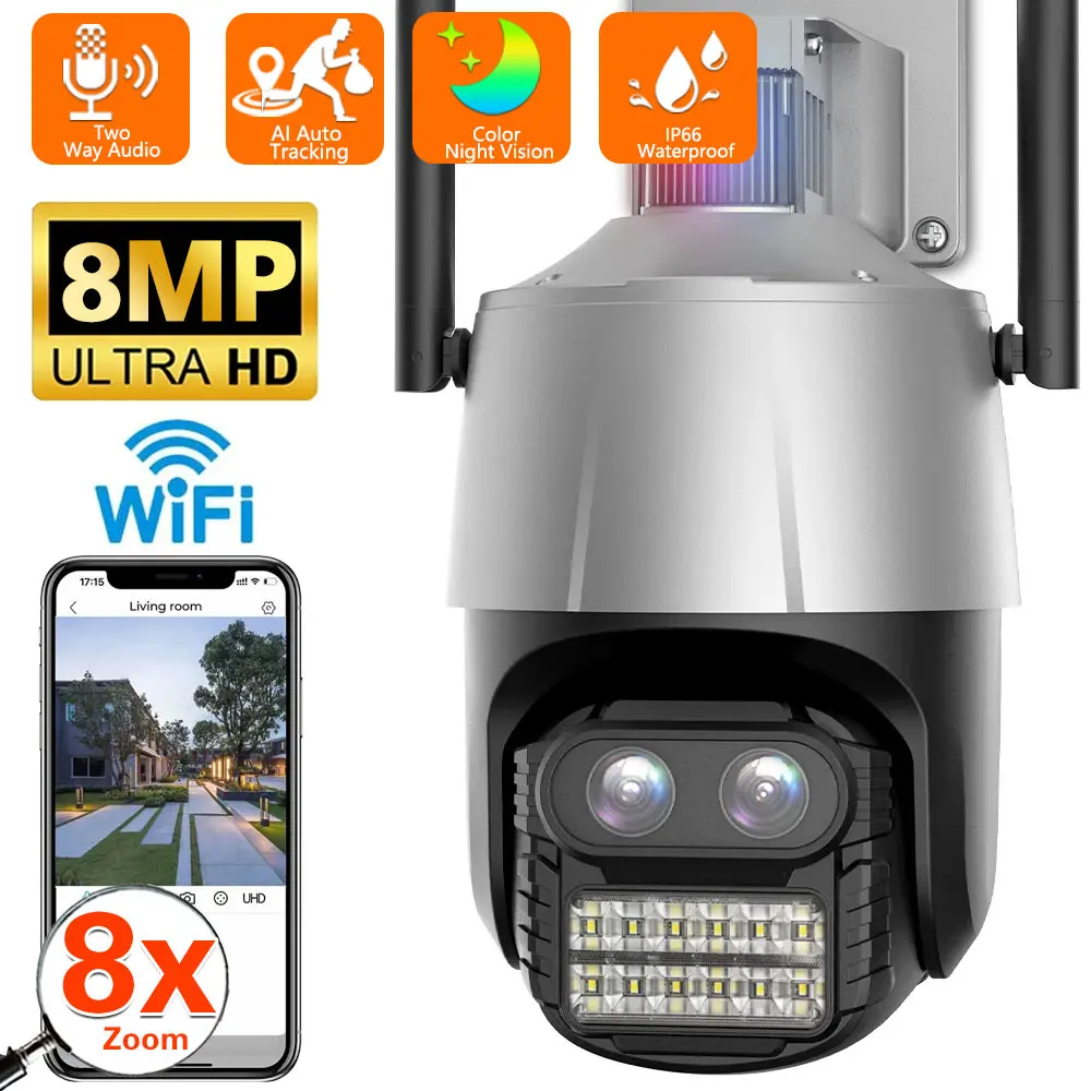 

WIFI IP Camera 4K 8MP PTZ Camera Outdoor 2.8+12mm Dual-Lens 8X Zoom Security Camera Auto Tracking P2P CCTV Surveillance iCSee