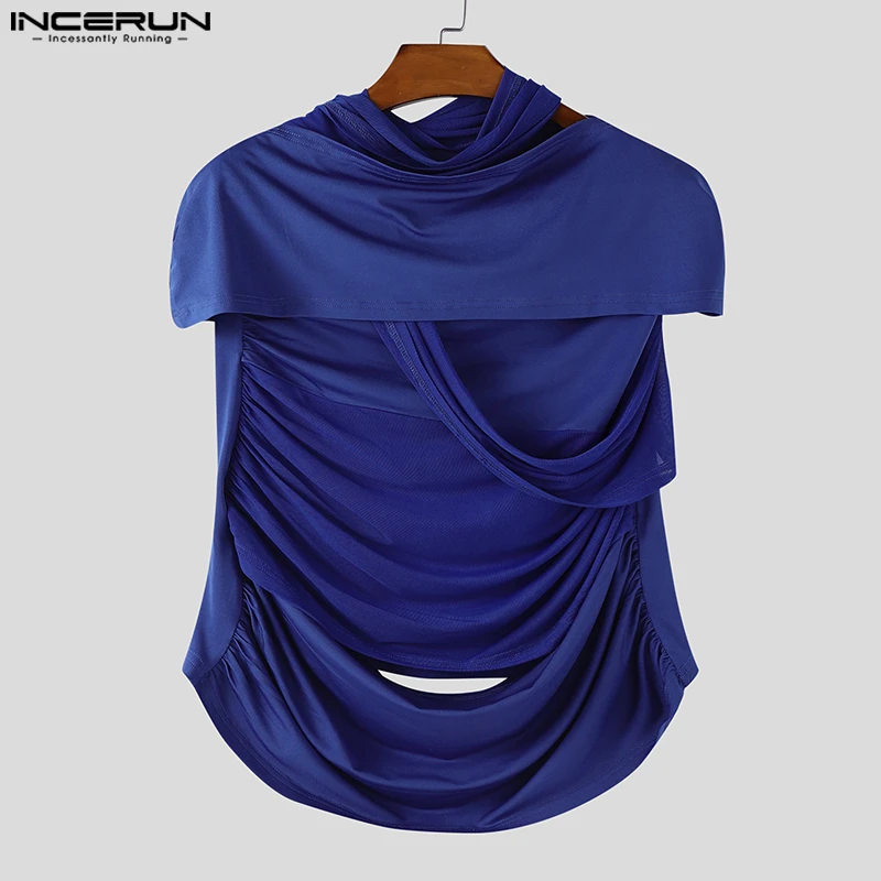 INCERUN الرجال تي شيرت شبكة المرقعة قصيرة الأكمام عادية غير النظامية المحملة القمم انظر من خلال الجوف خارج الشارع الشهير مثير الرجال الملابس