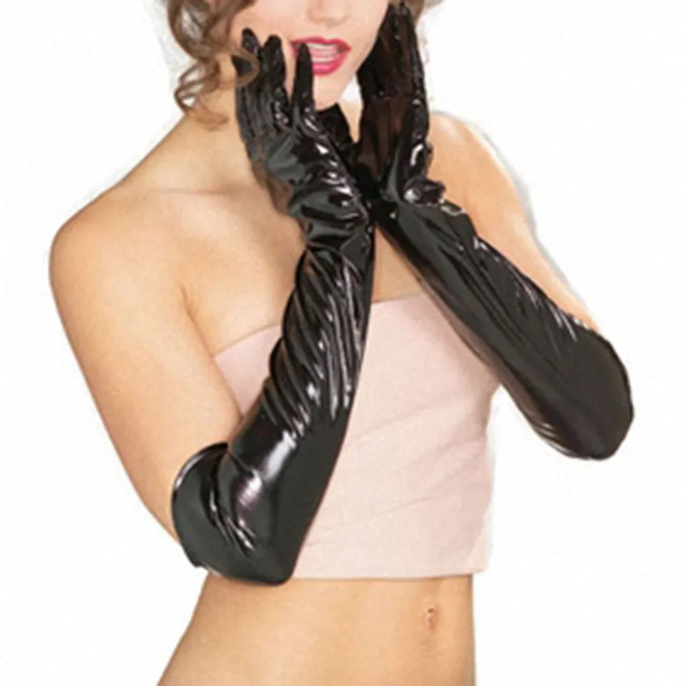 Mens Sexy Faux Leather Long Gloves Black Wet Look Latex Party Opera Club Costumes Mittens Gloves Male Clothing Accessory