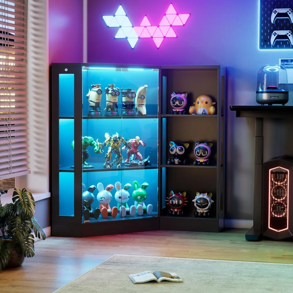 Corner Curio Cabinet with Glass Doors and LED Lights for Collectibles Display Storage Living Room Black