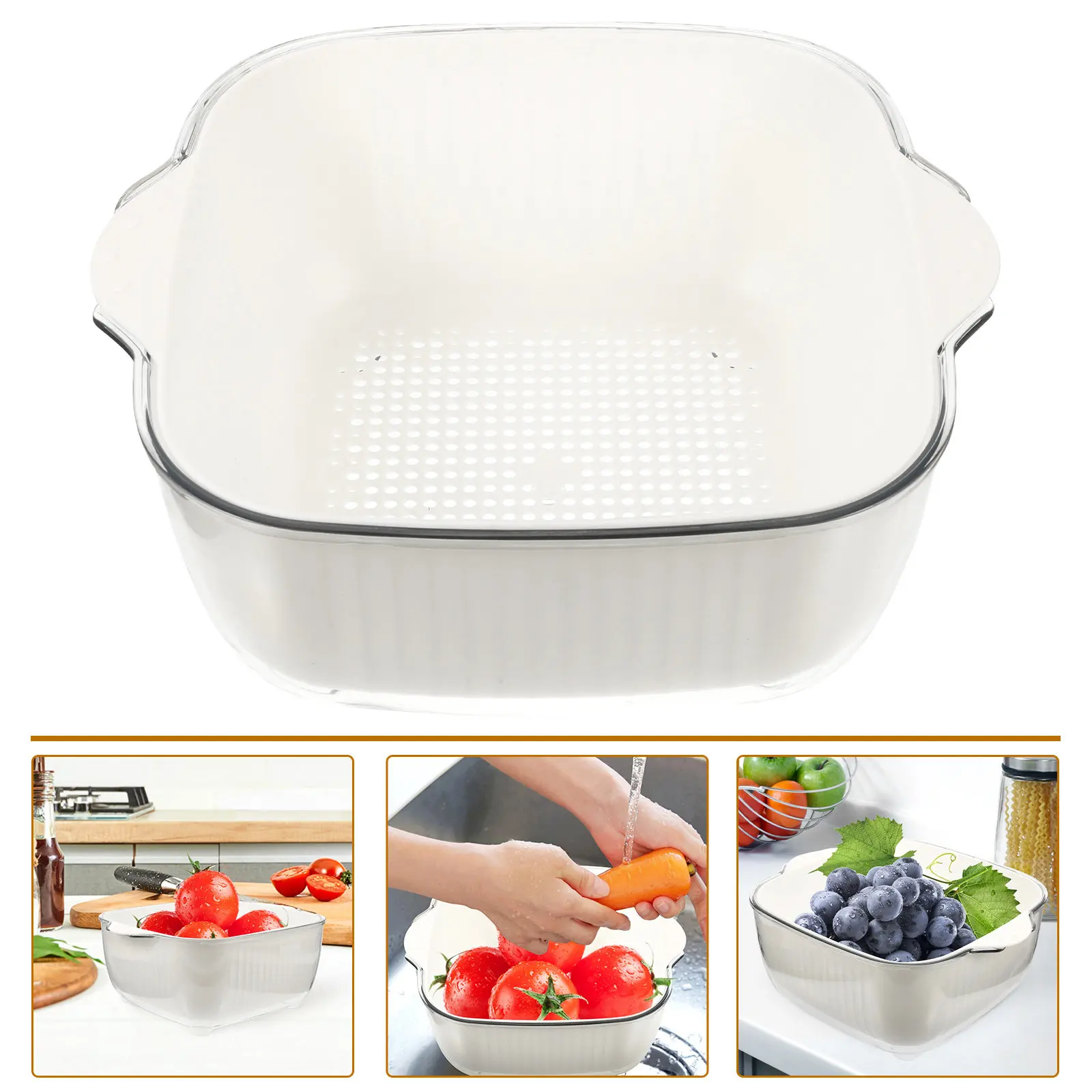 

Двухслойная кухонная корзина для хранения овощей и фруктов, корзина для мытья и слива воды с тонкой отделкой, безопасный материал PP, безопасный для животных.