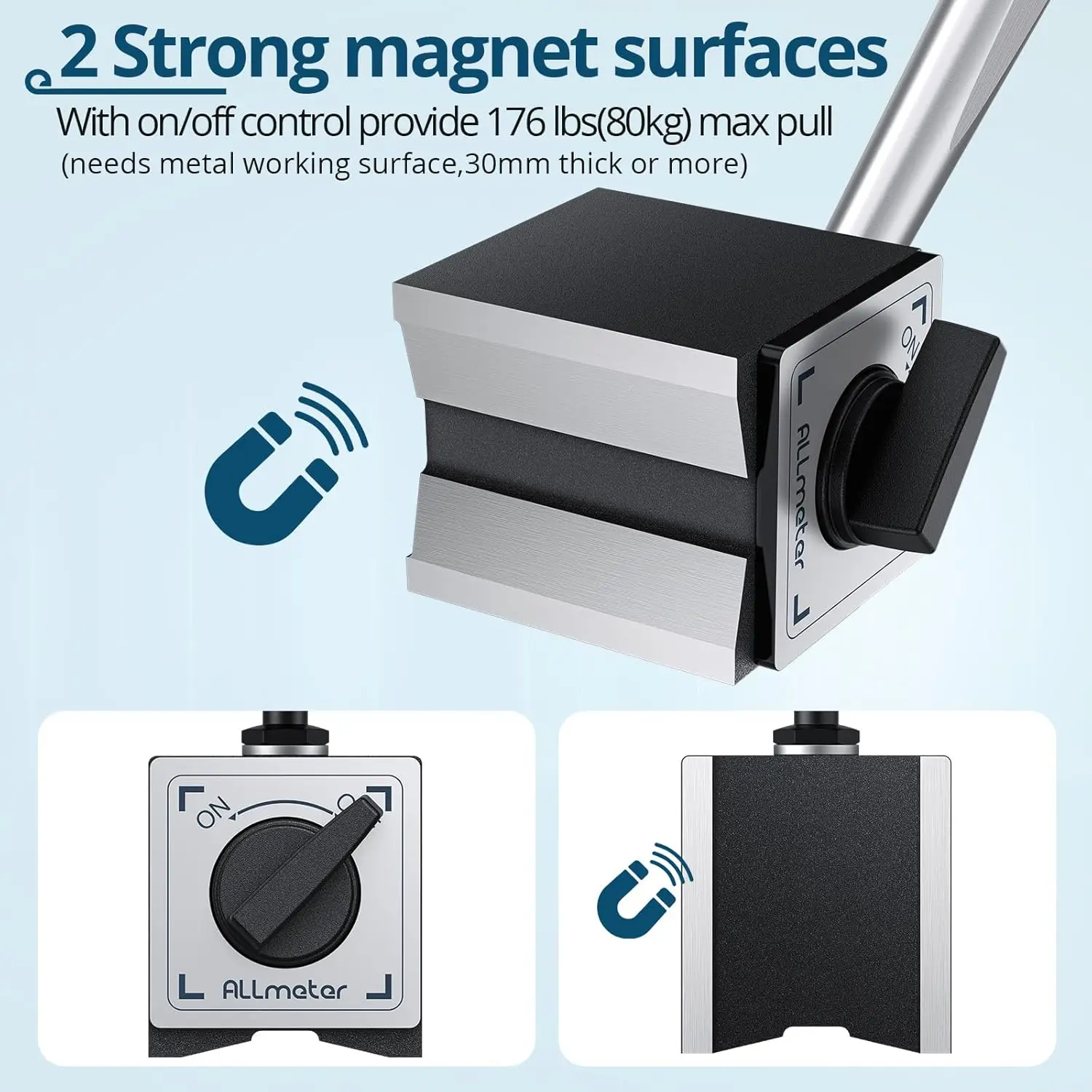 Magnetic Base Dial Indicator Holder On/Off Control,176lbs (80kg) Max Pull,3/8 Inch Clamping Hole,Adjustable for Dial Indicators