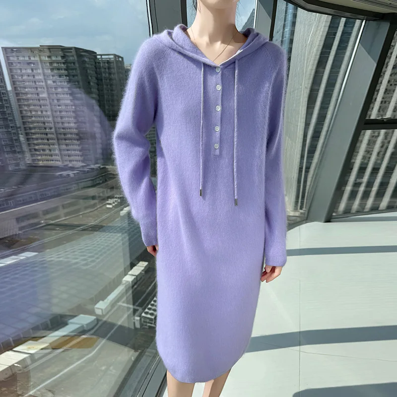 Novo vestido feminino com capuz de manga comprida de malha elegante suéter de cor sólida pulôver feminino 100% vestido de caxemira de vison