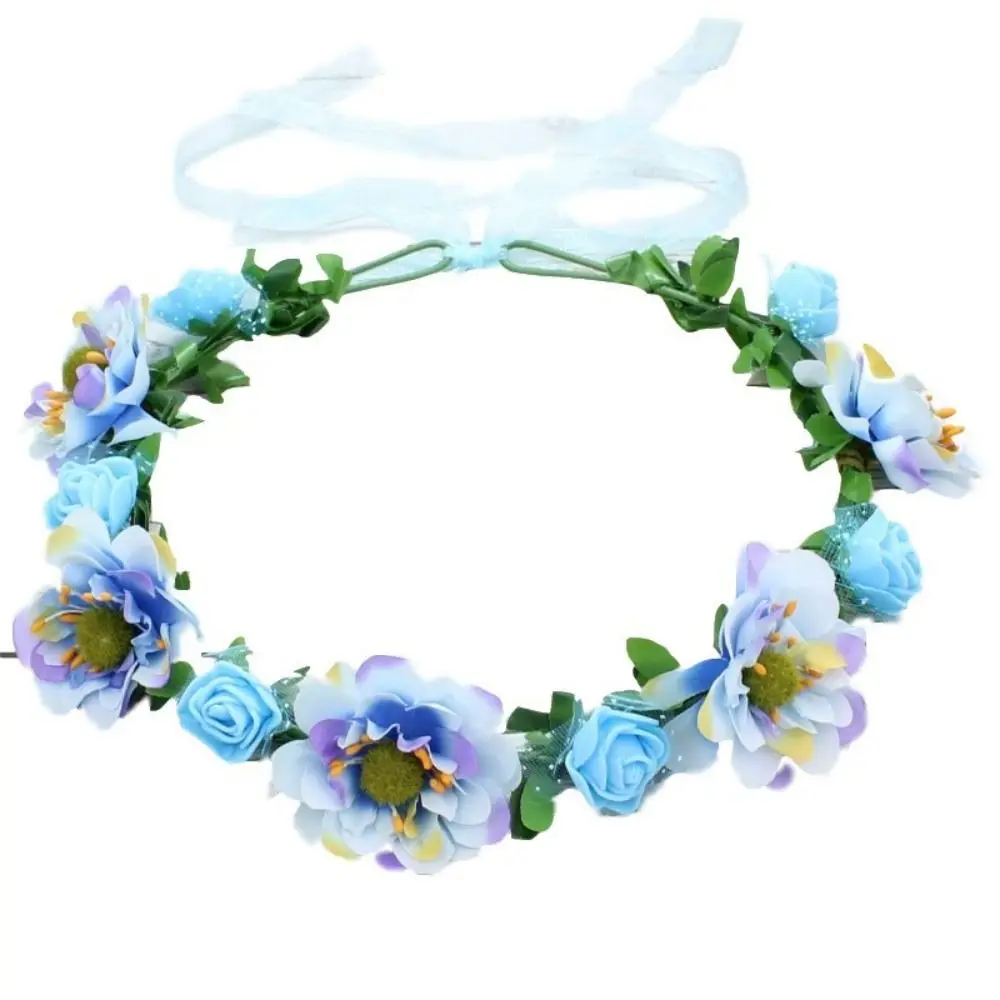 Bohemia Hand Woven Flower Crown Adjustable Ribbon Vintage Elegant Hair Loop Silk Rose Flower Bridal Wedding Tiara Wedding