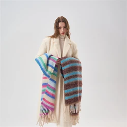 Korean Rainbow Striped Scarf Winter Contrast Color Knitted Striped Scarf Fashion Shawl Blanket Outdoor Coldproof Couple Scarf