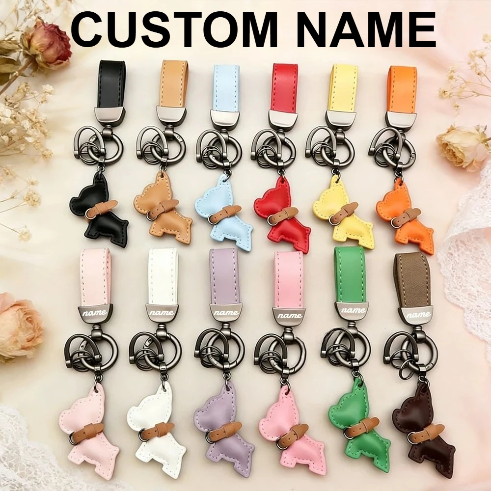 

Pendant Moto Car Keyring Trendy Custom Name Metal Leather Dog Keychain Laser Engrave Text Cartoon Key Ring Chain Women Men Gift