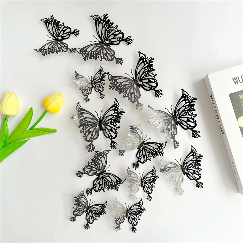 12pcs/Pack 3D Decorative Crafts Butterflies Wall Art Sticker DIY Wedding Festival Party Balloon Decoration Hollow Out Butterfly