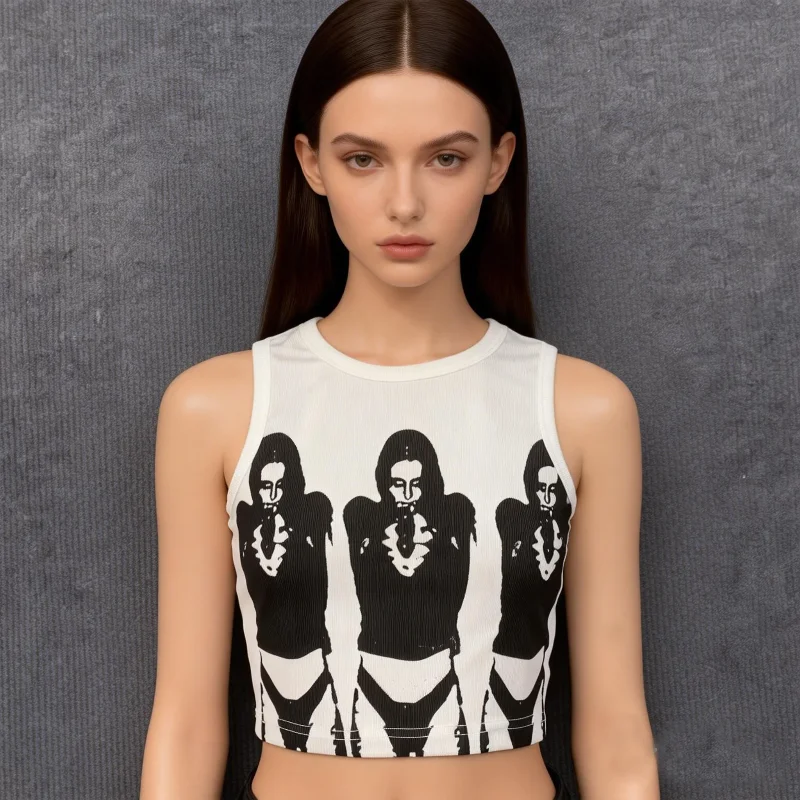 European American Sleeveless Round Neck Figure Pattern Print Sexy Street Exposed Navel Slim Fit Top Women's Clothing Summer Vest