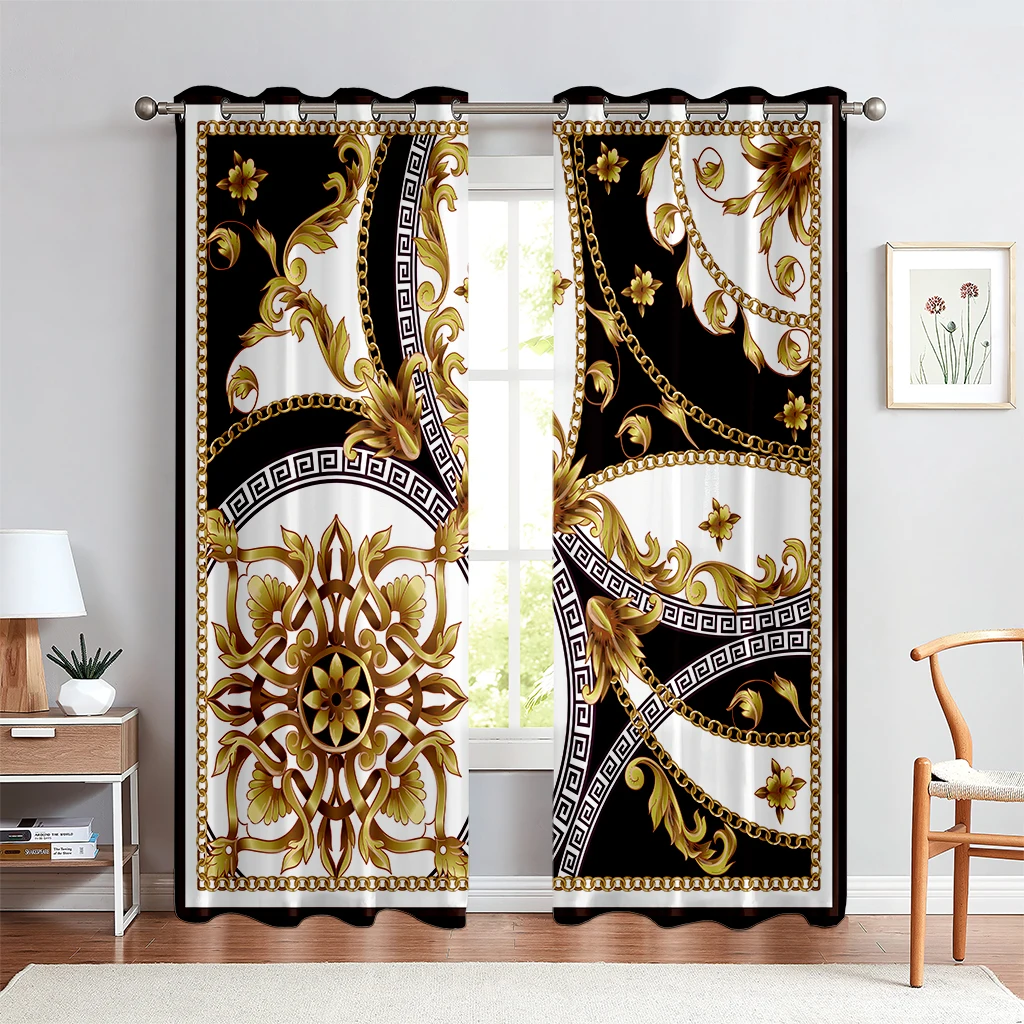 Polyester Darkening Shading Window Curtain for Living Room, Bedroom, Home Decor, Cheap, Modern Luxury Brand, Black and Gold,