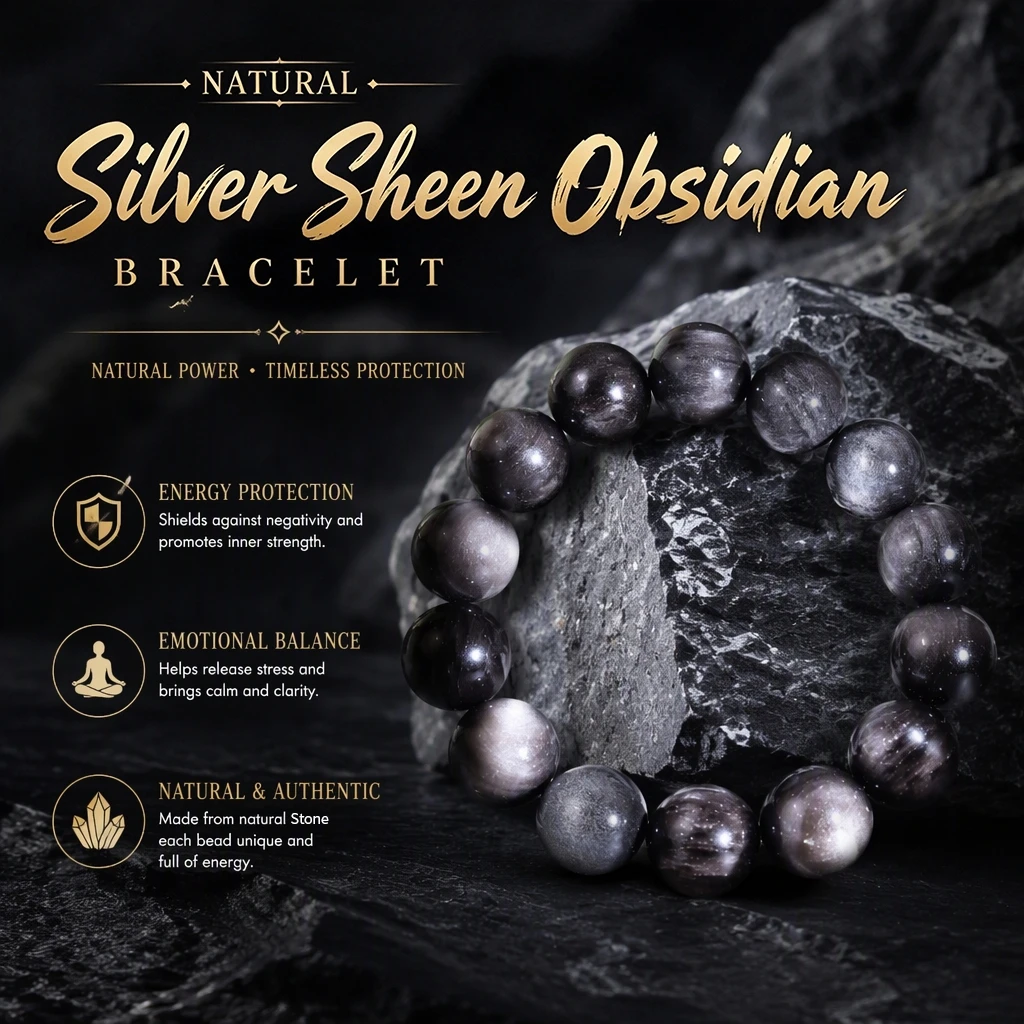 Single Strand Bracelet Natural Silver Sheen Obsidian 3A Grade Selected Beads Elastic Beaded Jewelry Unisex Daily Wear Gift