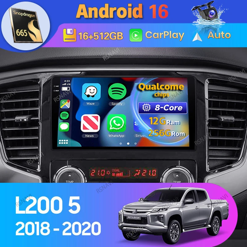 Android 16 Car Radio For Mitsubishi L200 5 2018 2019 2020 Carplay Auto Navigation BT WIFI+4G Stereo Video Player 2Din 360 Camera