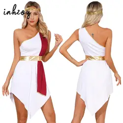 Women Ancient Roman Greek Godess Toga Costume Halloween Theme Party Dress Up One Shoulder Sleeveless Dresses and Sequin Headband