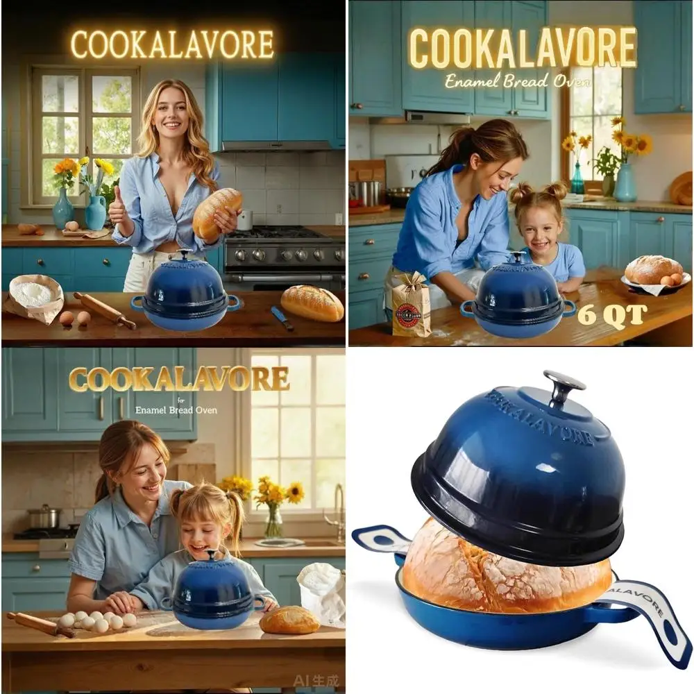 

6-Quart Blue Enamel Bread Pan with Lid and Silicone Mat for Homemade Sourdough, Perfect for Family Gifts