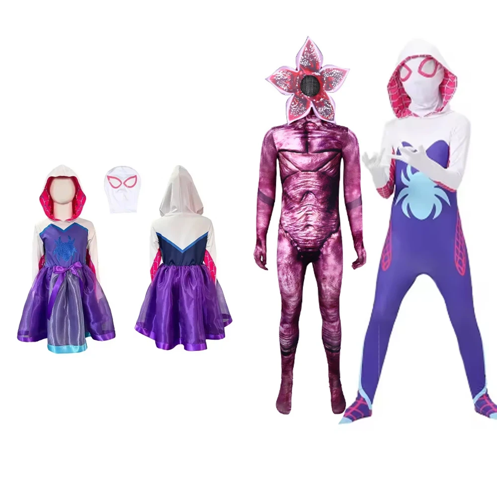 

Girls Gwen Ghost Spider Costume Bodysuit Halloween Cosplay Hooded Holiday Party Costumes Fantasy Sexy Dress Up Hoodies Swimsuit