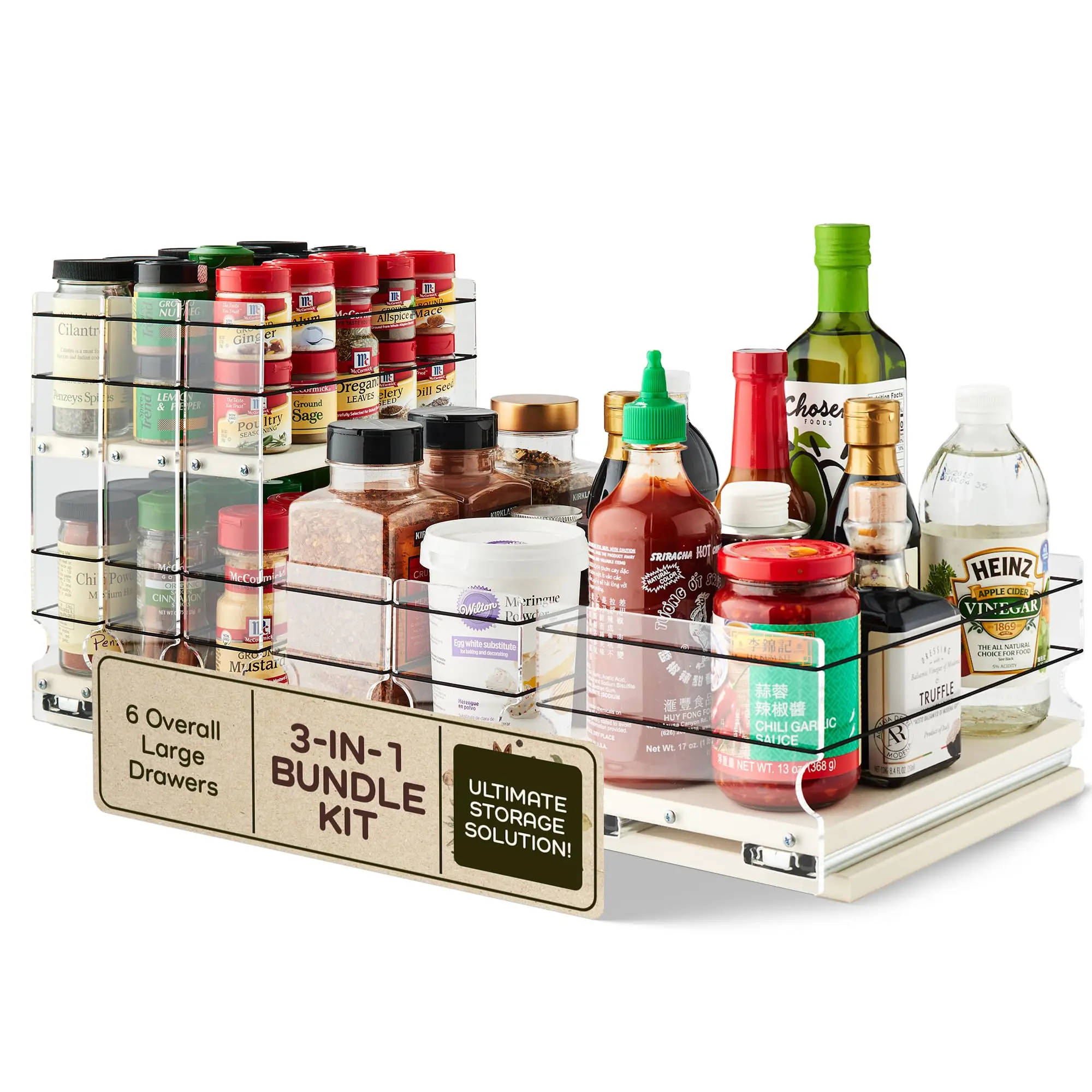 3-in-1 Bundle Kit - Sliding Spice Rack & Pull Out Spice Rack for Inside Cabinets - Cabinet Organizer w/Shelves for