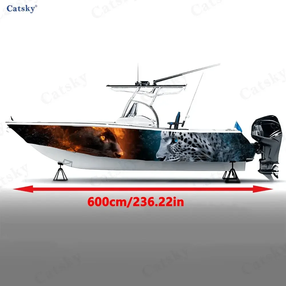 2Pcs Ice & Fire Dual Leopard Boat Sticker, PVC Waterproof Durable Vinyl Wrap Decals for Fishing Boat, Durable and Stylish Design
