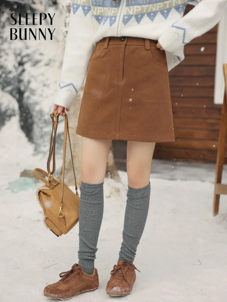 Elegant Wool-like A-Line Mini Skirt Women High Waist Short Skirt Autumn Winter Brown Skirt Casual Fashion Hip Covering Outfit