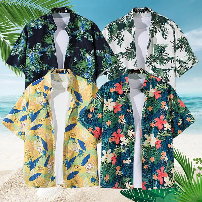 

Vintage Men's Beach Shirts Summer Thin Floral Printed Short Sleeve Blouse Loose Turn Down Collar Hawaiian Vacation Shirt Tops