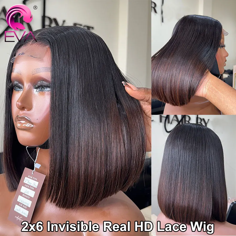 

Eva Pretty Ombre HD Lace Bob Wig Bone Straight 2x6 HD Lace Closure Wig Glueless Human Hair Wigs Pre Plucked Bleached Knots Wigs