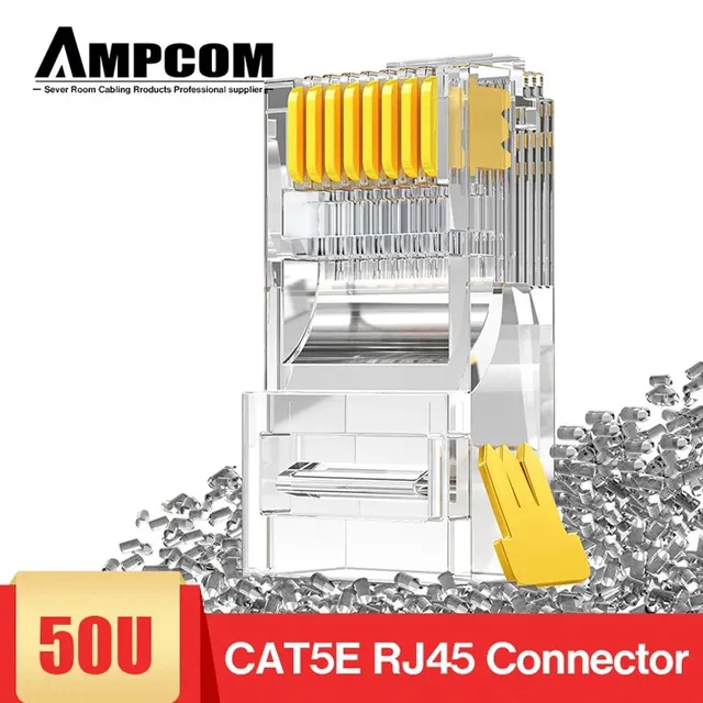 AMPCOM CAT5e Złącze RJ45 8P8C Modułowy kabel Ethernet RJ 45 Końcówki Kabel Lan 50u Pozłacane złącza zaciskane Wtyczka sieciowa UTP