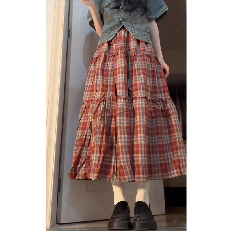 Women Clothing 2024 Summer Trendy Vintage Plaid Print Ruffled Harajuku Skirts Y2K Female Casual High Waist Loose Chic Midi Skirt