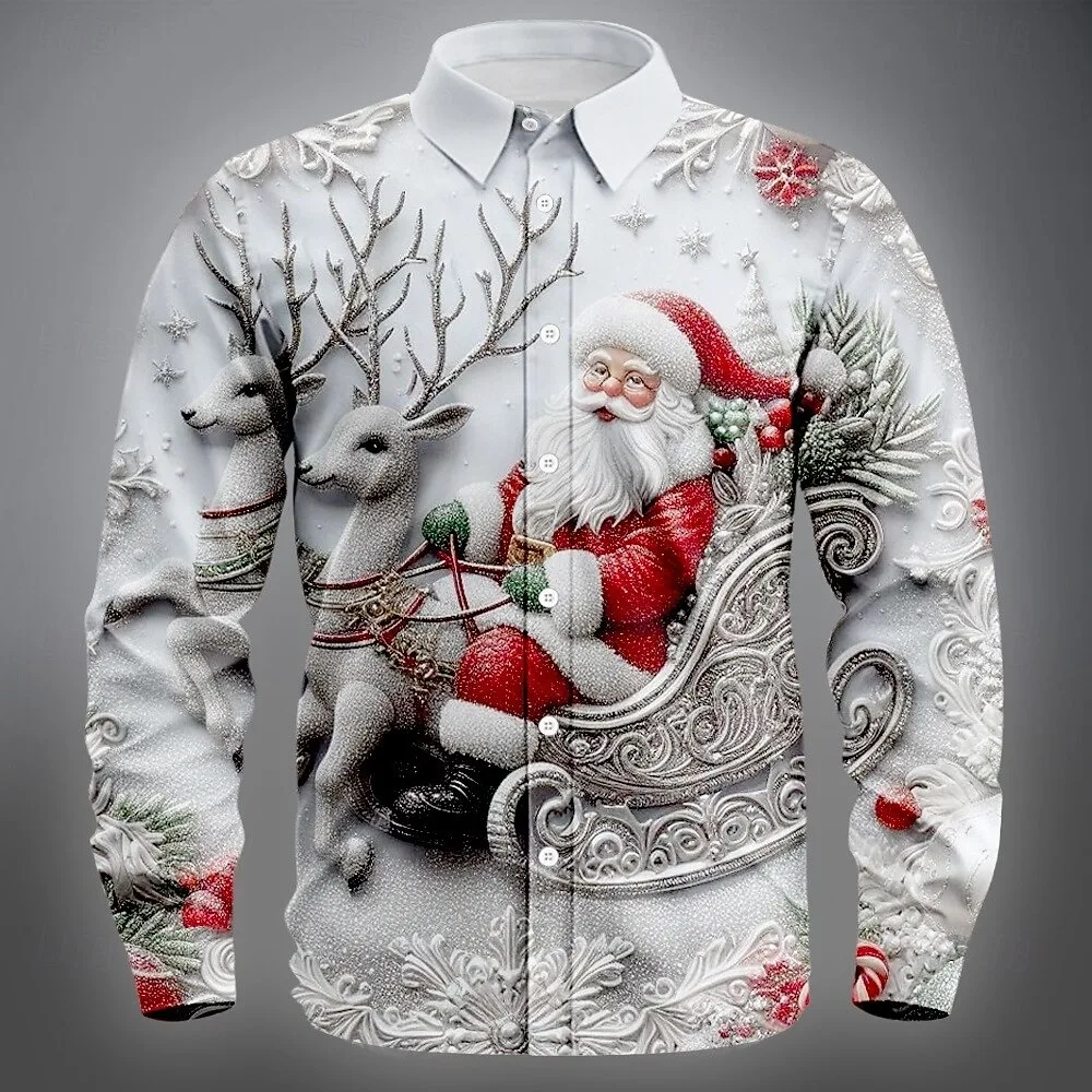 

Christmas Men's Cartoon Santa Claus Reindeer Shirt Button Up Long Sleeve Shirt Funny Outdoor Festival Spring Autumn Lapel Shirts