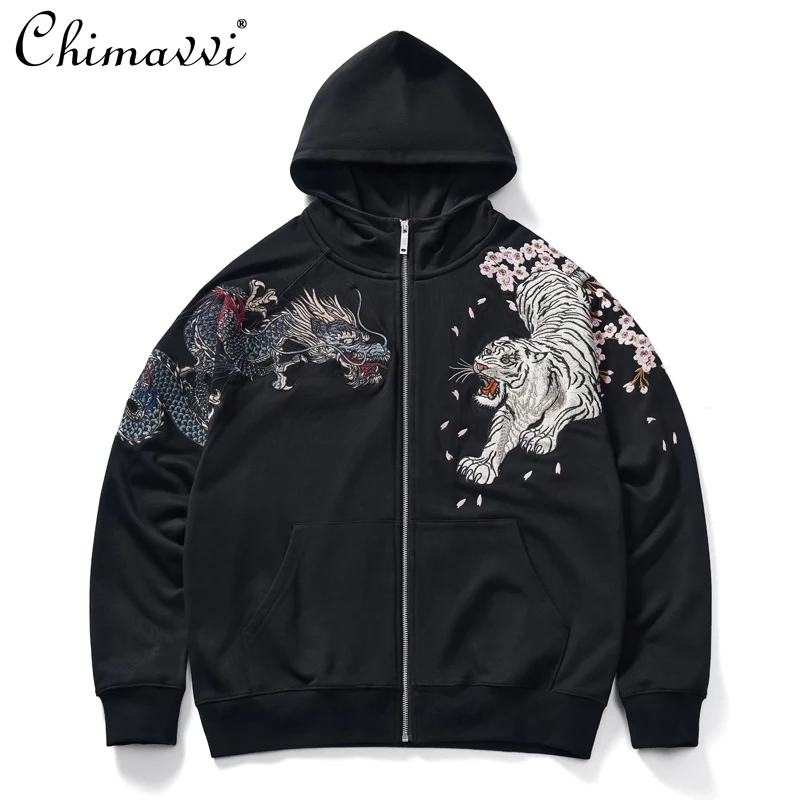 Guochao Zipper Sweatshirt Yokosuka Embroidered Jacket Male and Female Couples Student Cardigan Hooded Jacket Handsome Hoodies