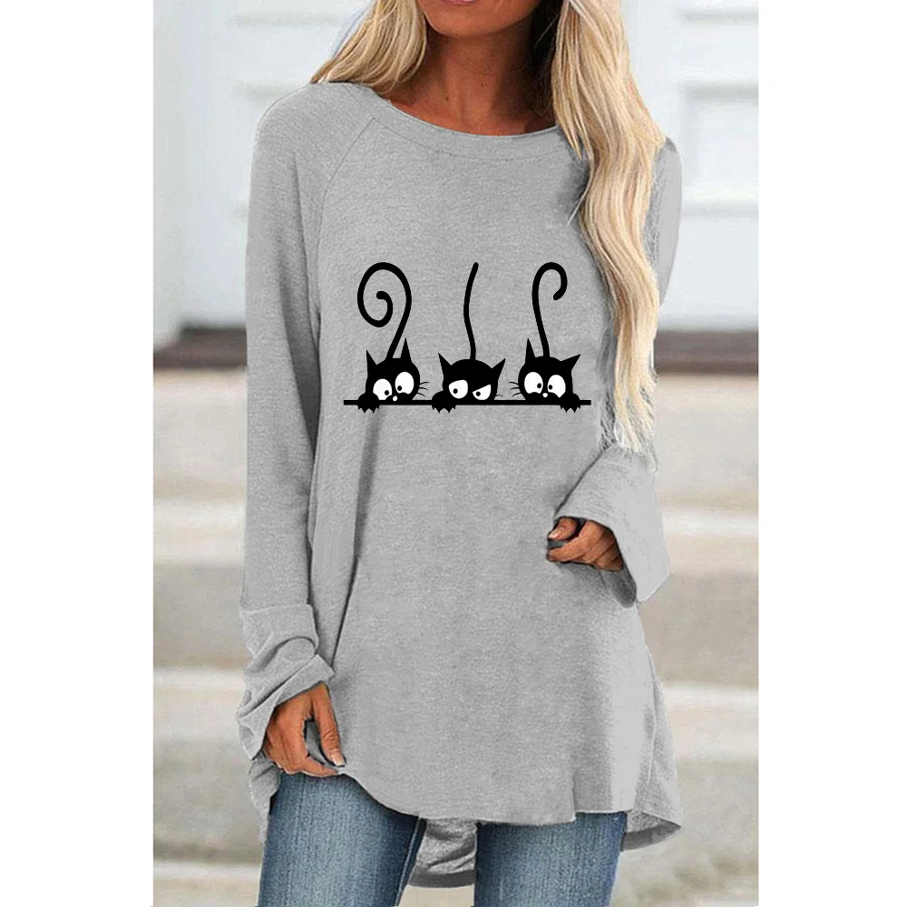 Women Tops T Shirt Tee Cartoon Cat Painting Print Active Sports Casual Holiday Daily Home Long Sleeve Round Neck Basic S-5XL