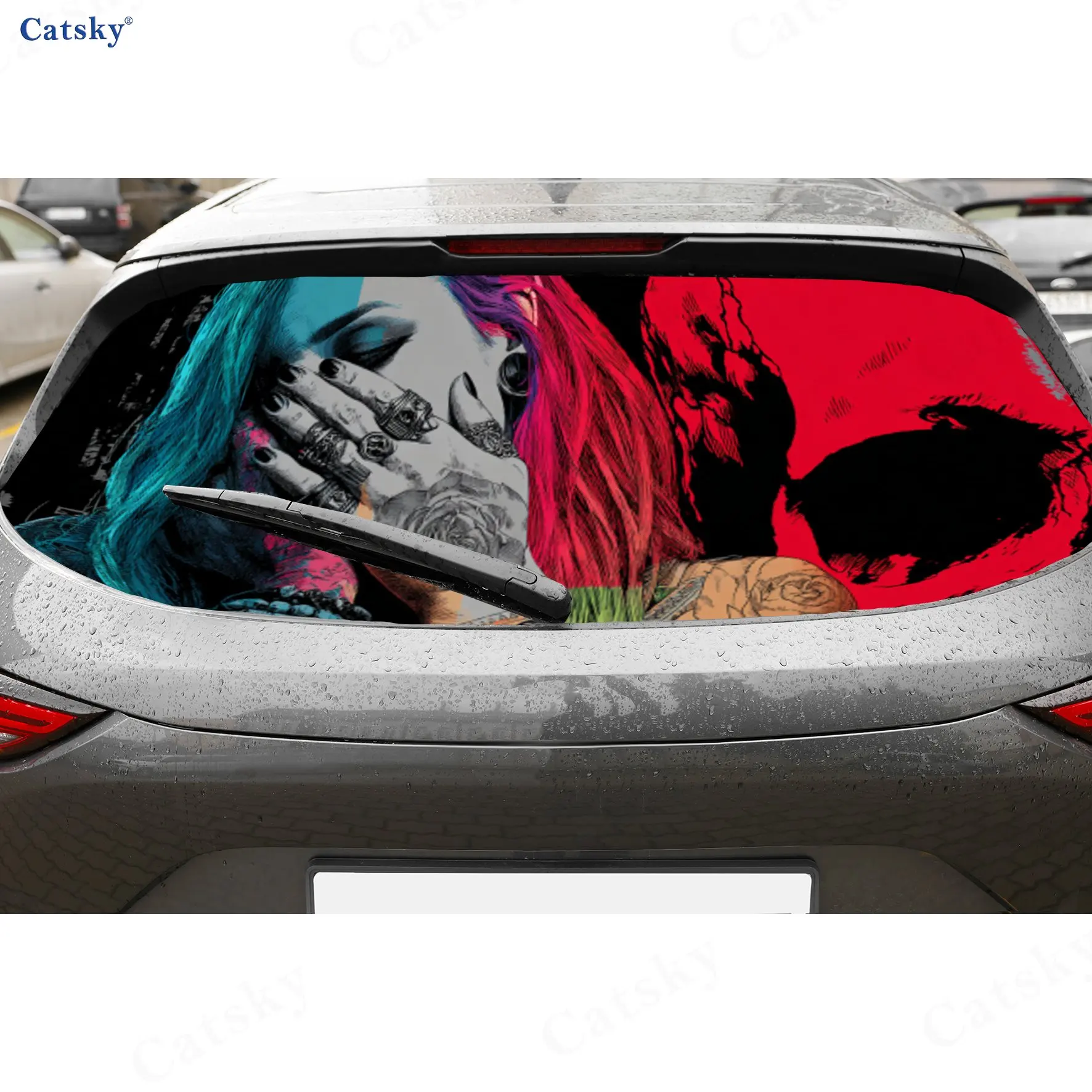 Rainbow Hair Punk Dominance PVC Perforated Car Vinyl Wraps, Durable Car Rear Windshield Sticker, Waterproof Car Rear Window Deca