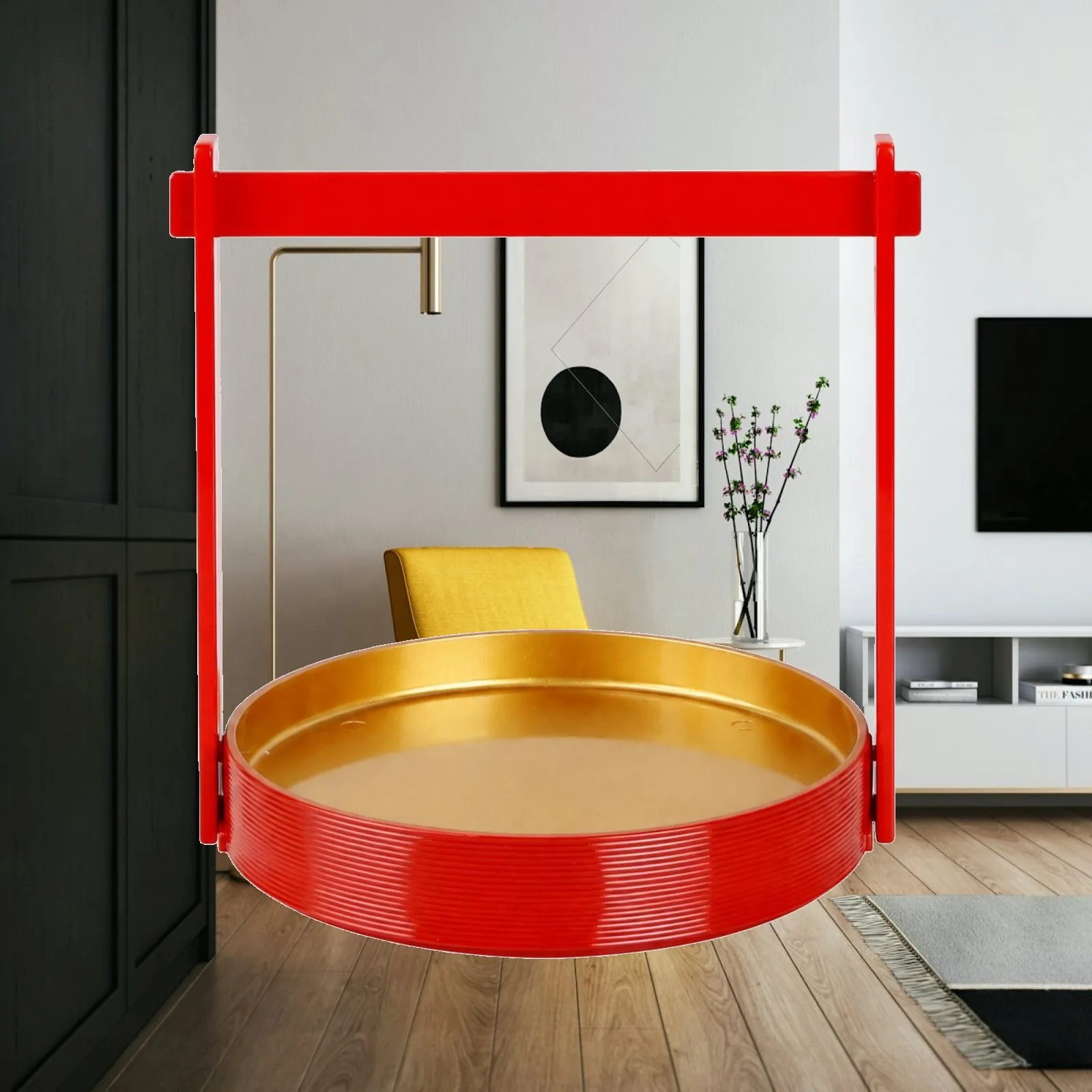 Golden Interior Round Melamine Tray with Ribbed Red Wall Japanese Frying Basket Style for Serving Fried Food Sushi Dishes