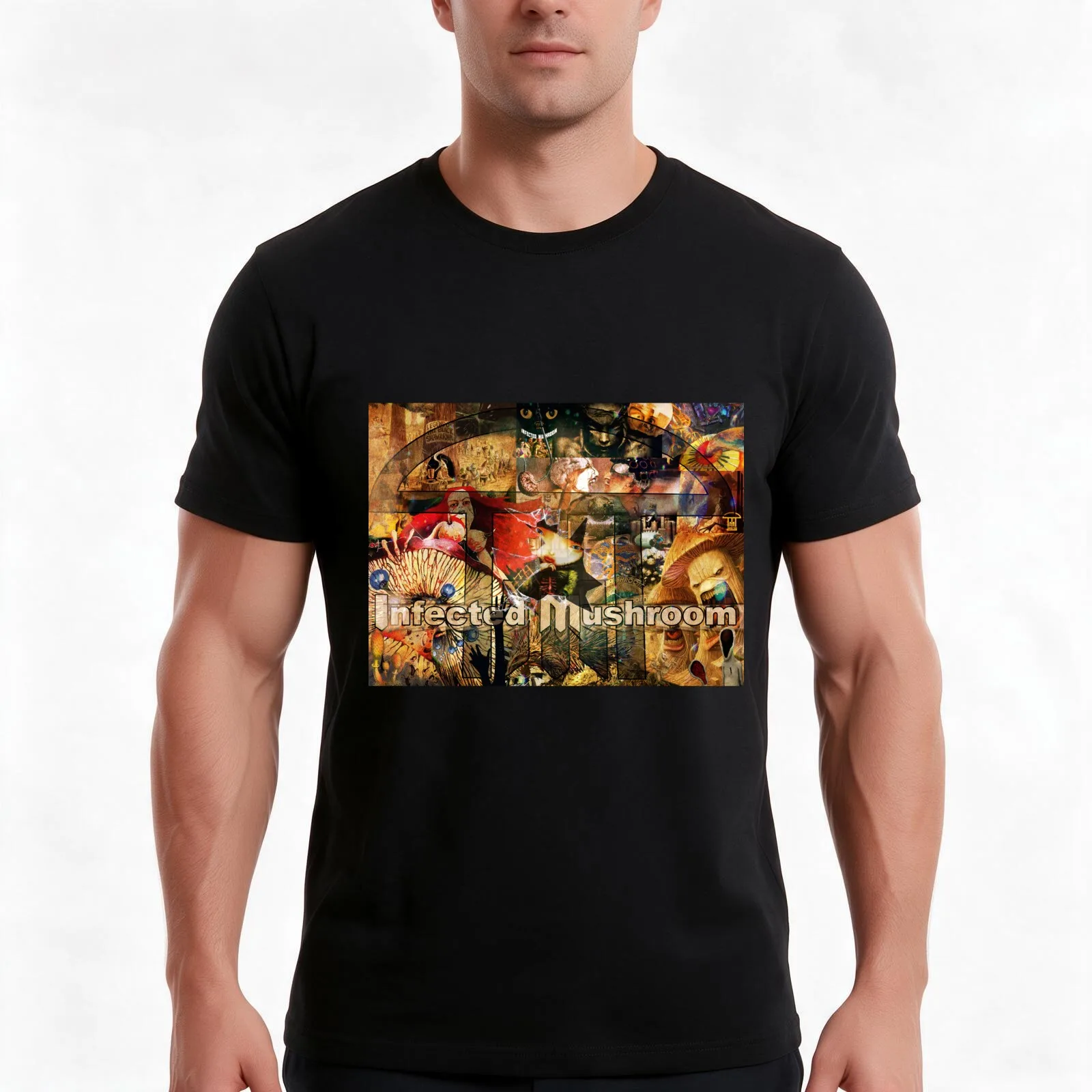 Infected Mushroom Collage T-Shirt, Summer Casual Cotton Tee, Oversized Streetwear Tops, Vintage Graphic Print, Unisex Men Women