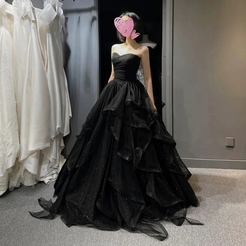 Temperament Black Elegant Wedding Party Dresses Strapless Tiered Draped Prom Robe 2023 New Ball Gown Formal Dress Women Vestidos